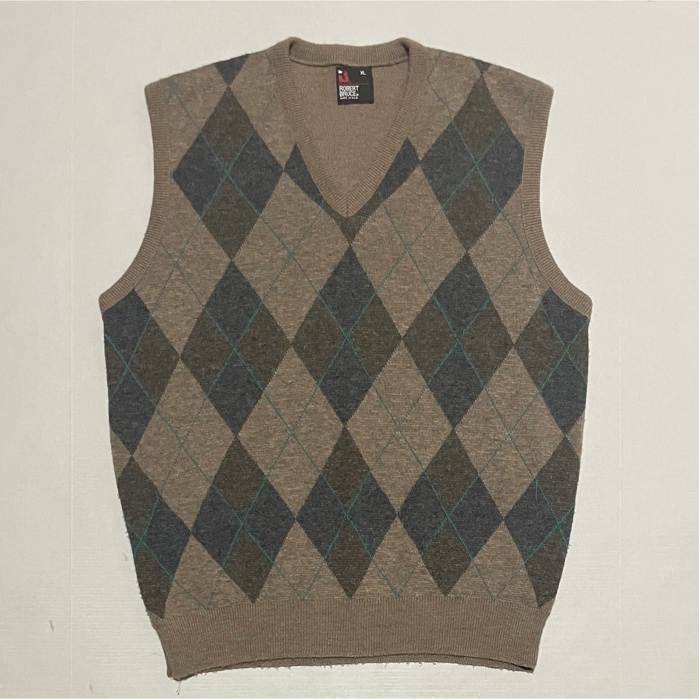 Vintage ROBERT BRUCE Orlan Acrylic BROWN VEST Mens Size XL USA Argyle Diamond